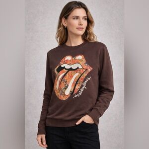 The Rolling Stones Floral Tongue Logo Sweatshirt Brown Graphic Crewneck Size L